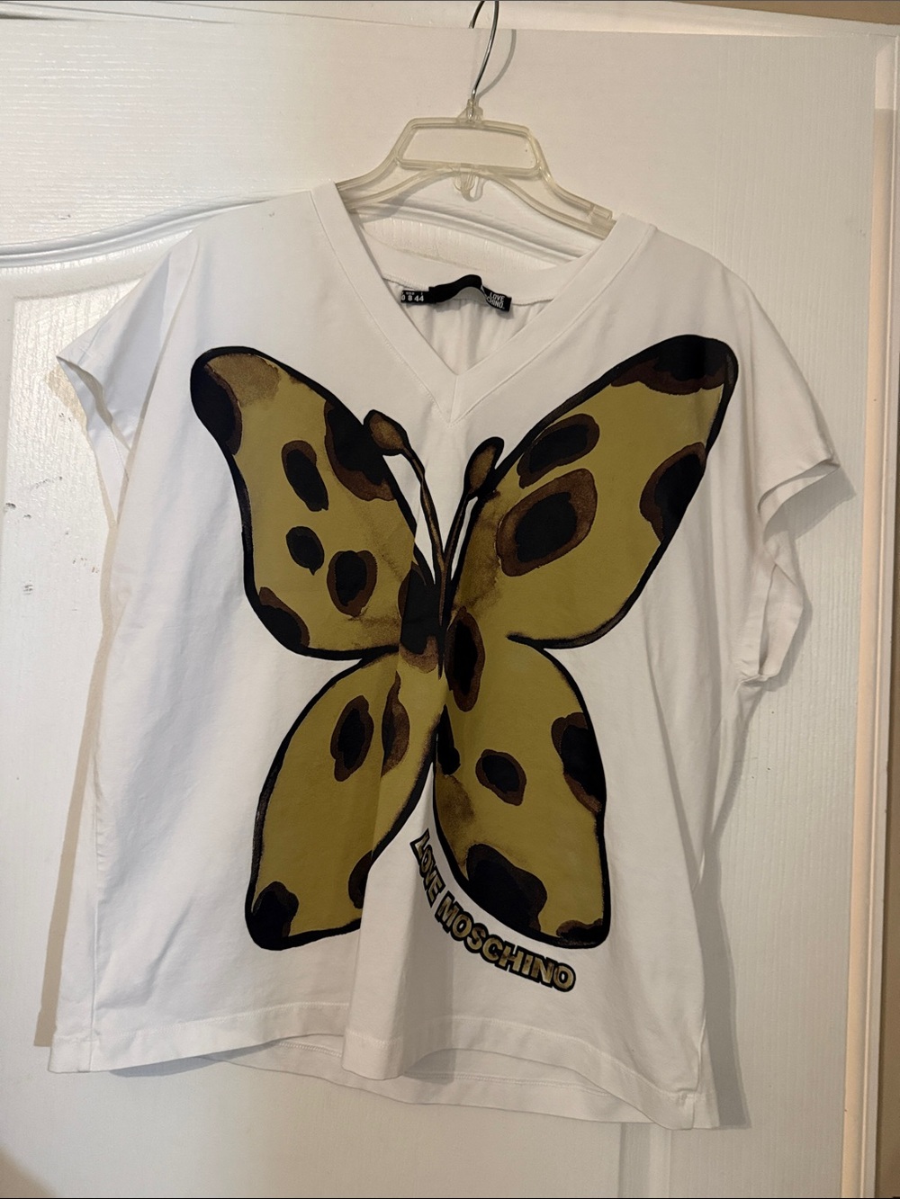 Love Moschino White Tee with brown& Black Butterfly Graphic